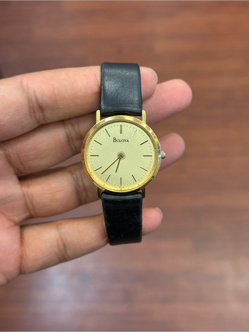 Bulova vintage Classic Gold Dial Watch with Black Leather Strap unisex Watch